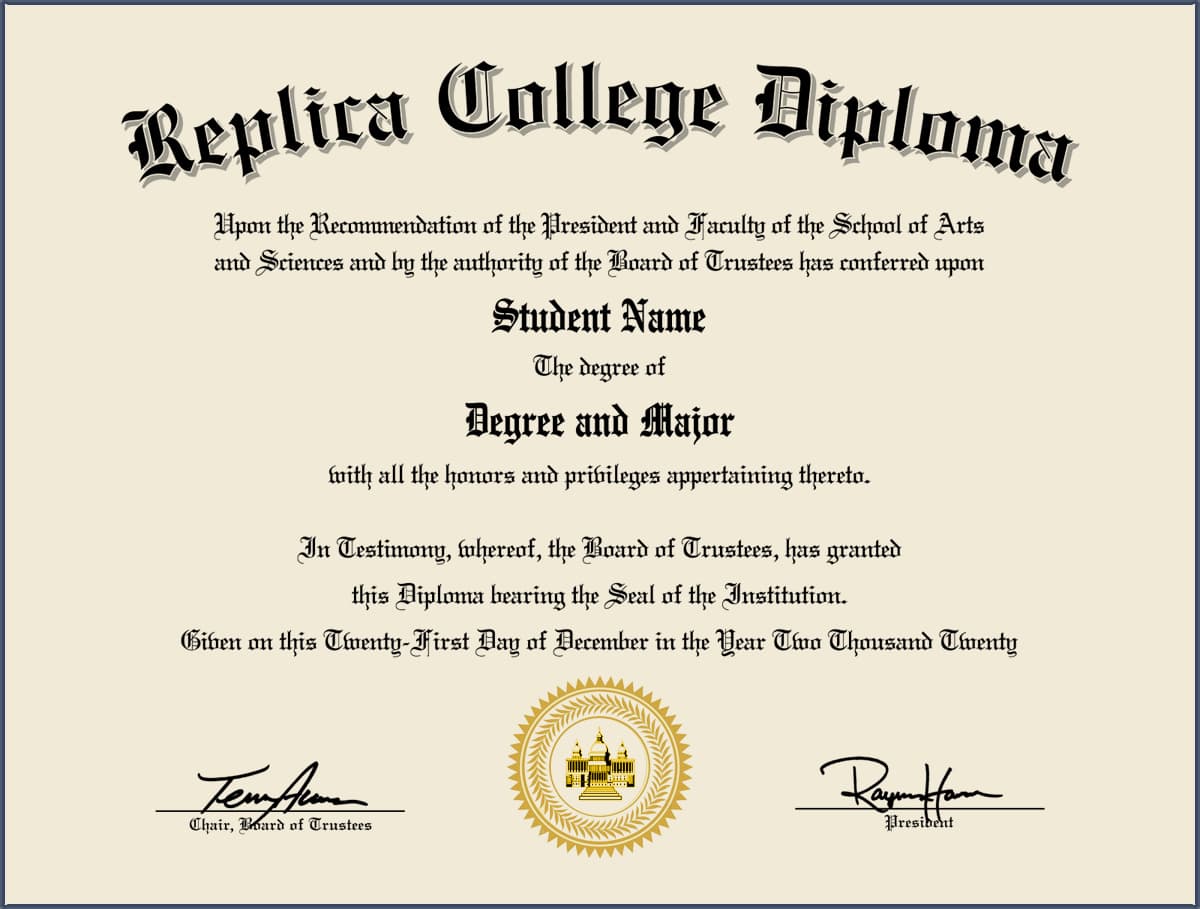 Fake Replica College Diploma with Gold Metallic Seal