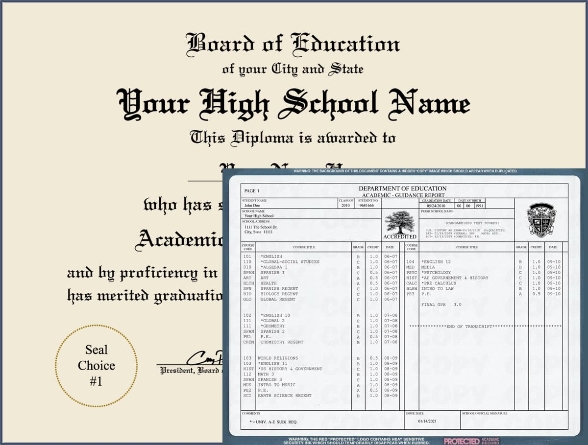 Fake High School Diploma with Fake Transcripts